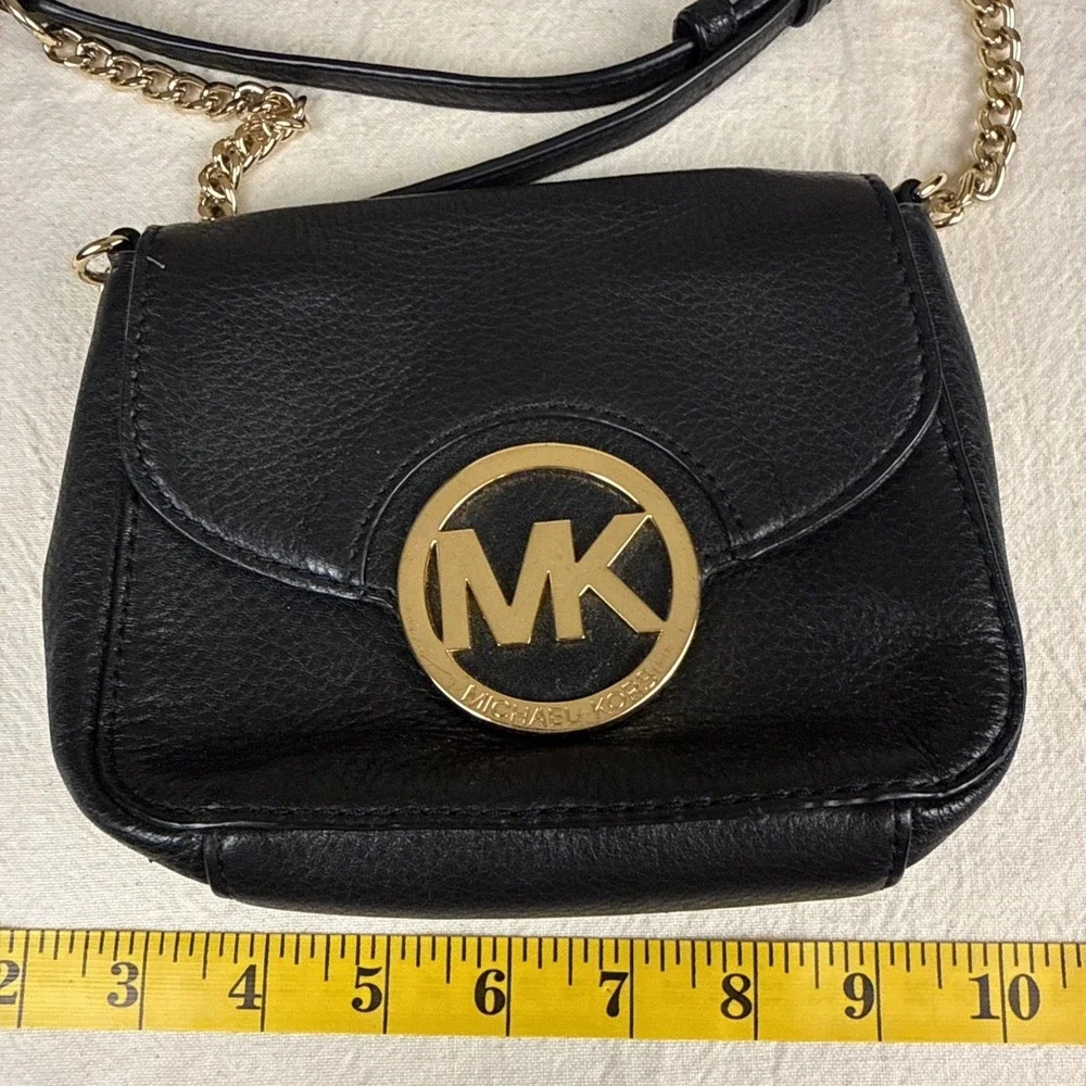 Michael Kors Black Leather Small Essentials Crossbody Purse Gold Accent Festival